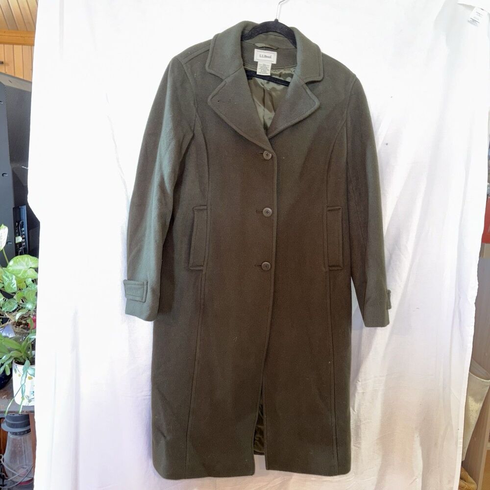 LL Bean Women's Classic Lambswool Green Polo Coat Three-Quarter Length Size 8R